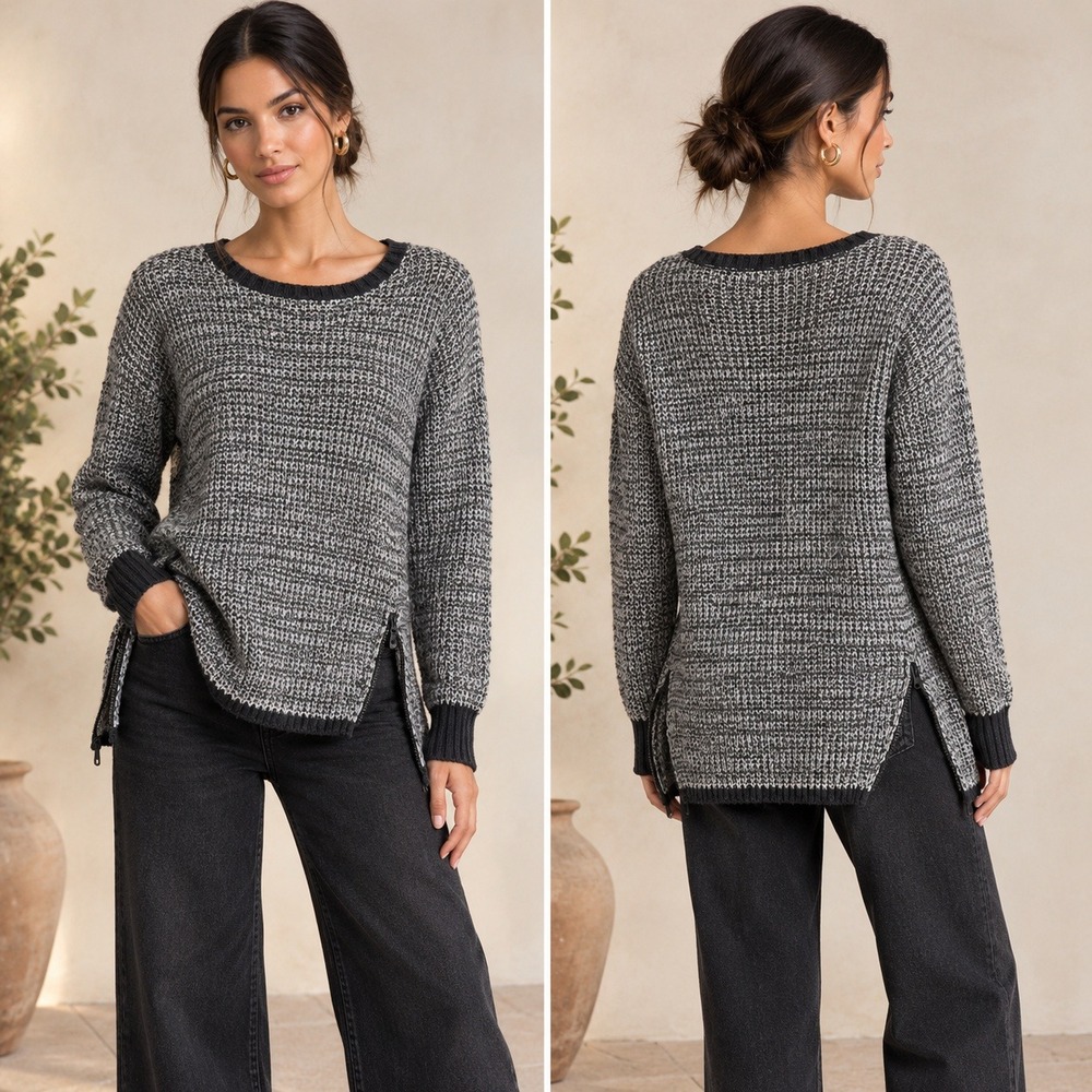 Kaisely Womens Gray Marled Knit Side Zip Long Sleeve Sweater Tops Pullover S/M